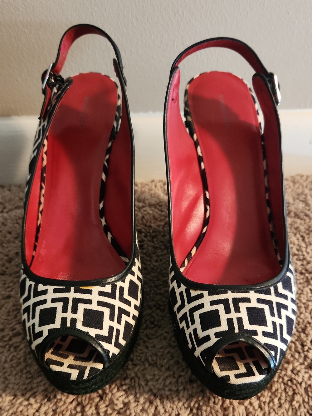 Banana Republic Black & White Geometric Peep-Toe Slingback Heels - Red Insole